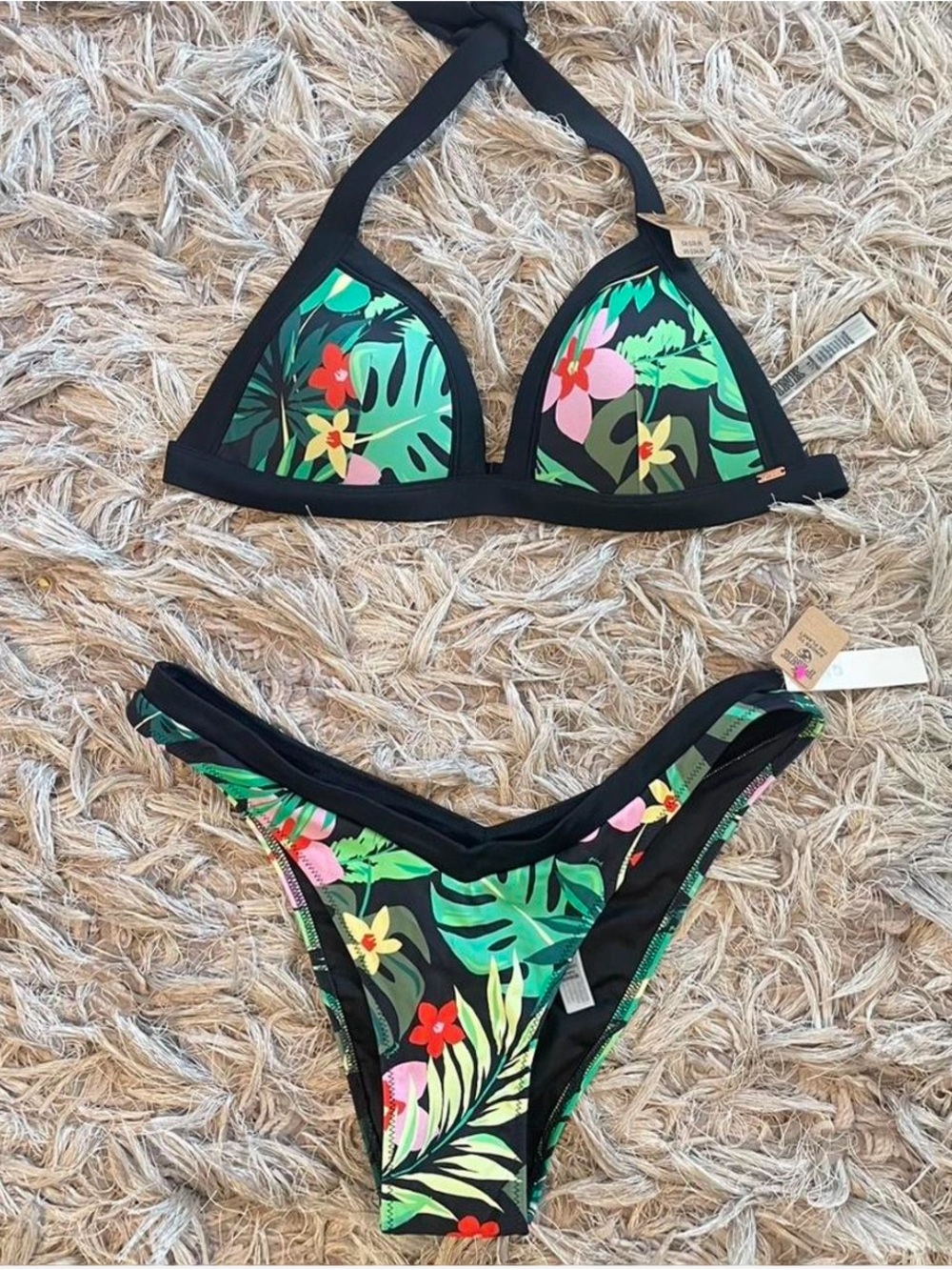 PINK Victoria's Secret Black Tropical Floral Triangle Bikini